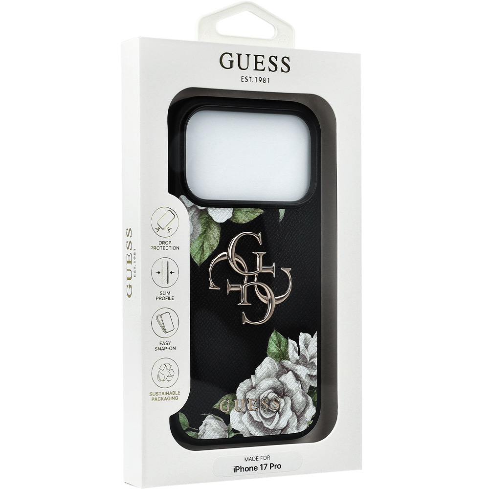 Etui Guess Grained Roses Big 4G do iPhone 17 Pro, czarne z kwiecistym wzorem